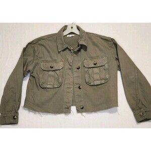 Topshop Women's Jacket Olive Green Military Crop Size 12 Large Raw Hem Utility